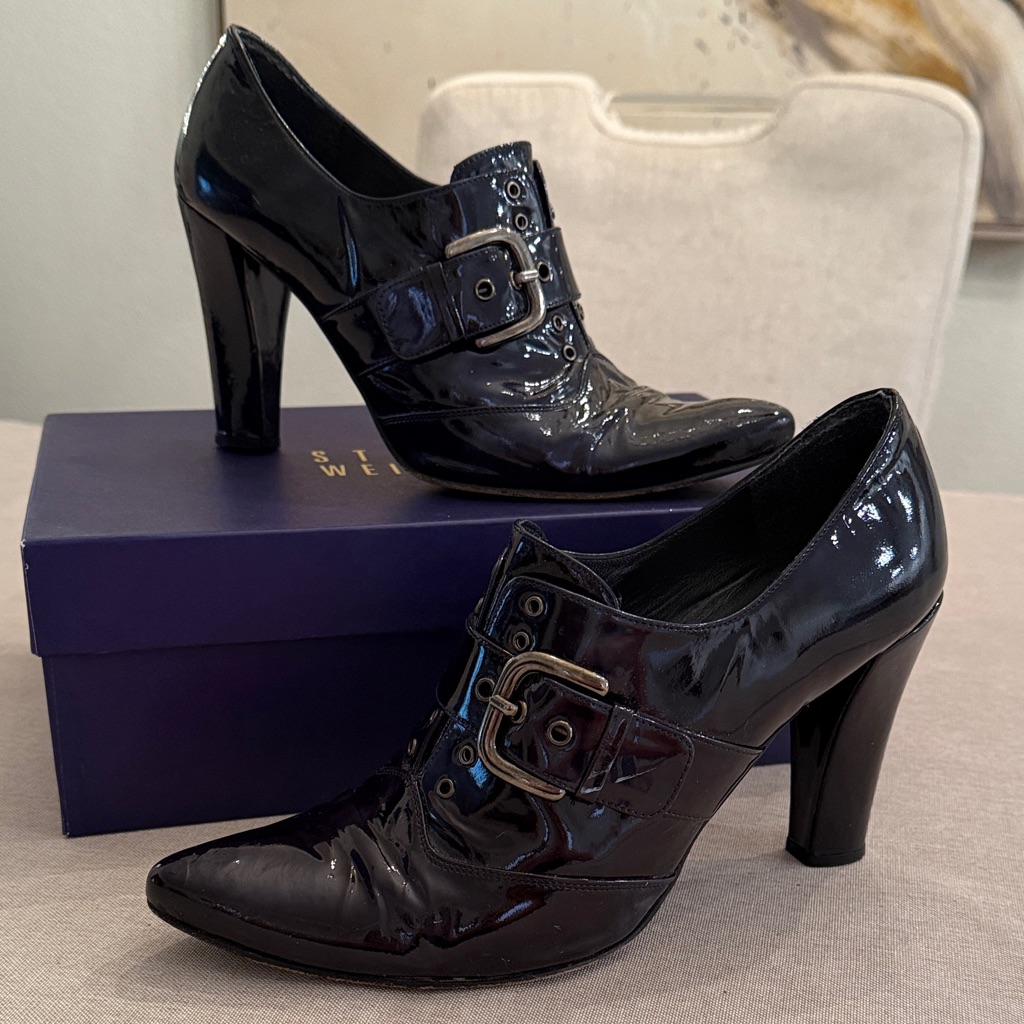 Stuart Weitzman Black Patent Pointed Toe Buckle Pumps